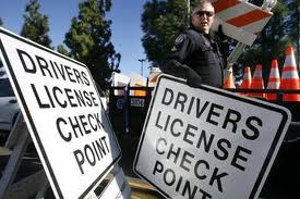 Police officer holding up a drivers license check point sign