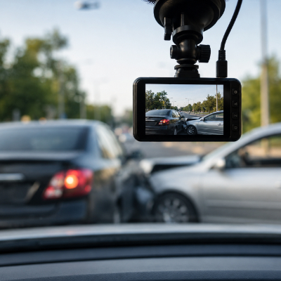 Windshield-mounted dashcam recording a two-car collision on a New Hampshire roadway.
