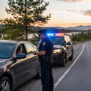 Police officer speaking with a driver during a New Hampshire roadside DWI traffic stop at dusk.