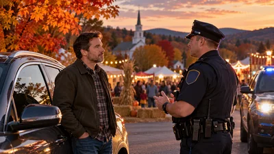 A New Hampshire driver speaks with a police officer beside a car near a fall festival surrounded by autumn foliage.