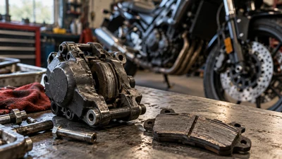 A worn motorcycle brake component on a mechanic’s workbench.