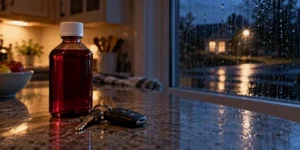 Cold medicine and car keys on a rainy evening.