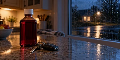 Cold medicine and car keys on a rainy evening.