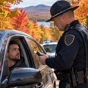 A New Hampshire roadside traffic stop during peak autumn foliage with a police vehicle and a passenger car.
