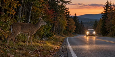 A deer stands near a New Hampshire road as a car approaches at dusk.