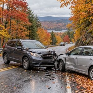 Cars travel through New Hampshire fall foliage near a roadside collision.