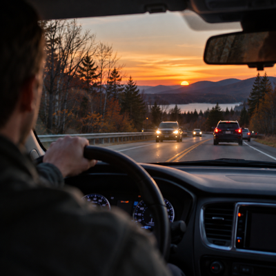 Cars travel along a New Hampshire road at sunset while autumn foliage surrounds the roadway and headlights become visible.