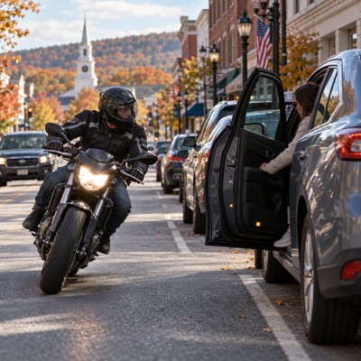 A car door opens toward a motorcyclist on a New Hampshire street.
