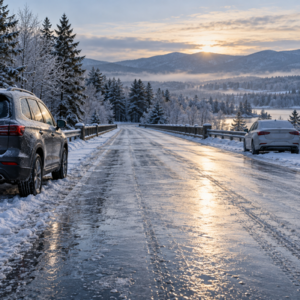 Two stopped cars beside a glazed icy bridge in New Hampshire on a freezing winter morning