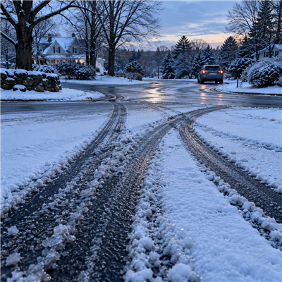 Tire tracks crossing a slushy New Hampshire road during the first snowfall.