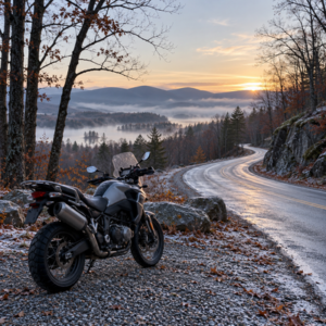 Parked motorcycle beside a frosty winding New Hampshire road at dawn