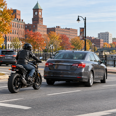 Motorcycle riding beside a passenger car on a multilane New Hampshire road