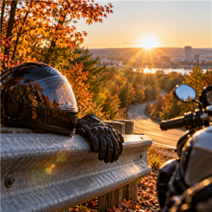 Motorcycle helmet and gloves by a New Hampshire road facing low autumn sunlight.
