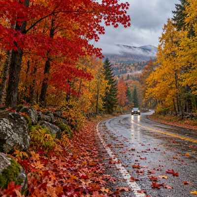 Autumn leaves on a winding rural New Hampshire road with a car in the distance