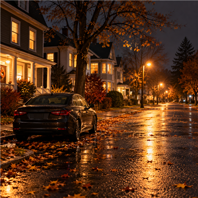 Parked car on a damp Manchester street outside warmly lit homes on a late November evening.