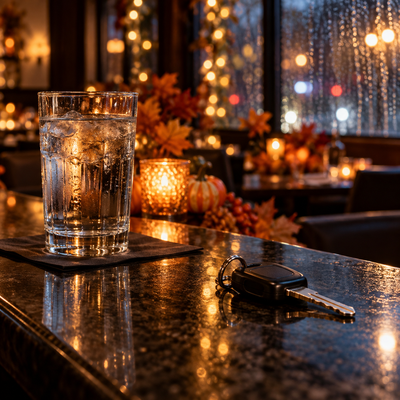 Car keys and a glass of water on a restaurant counter on a rainy Thanksgiving Eve