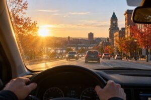 Low October sunlight creates strong glare across a Manchester, New Hampshire roadway as vehicles travel through autumn conditions.